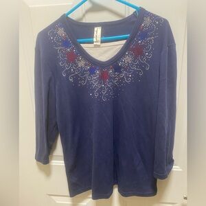 Decorated Originals M Navy Blue Patriotic Rhinestone Top Red White Blue Stars